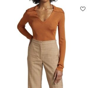 St. John NWT Ribbed Knit V-Neck Sweater Blouse Orange Sz Large Party Modern $495